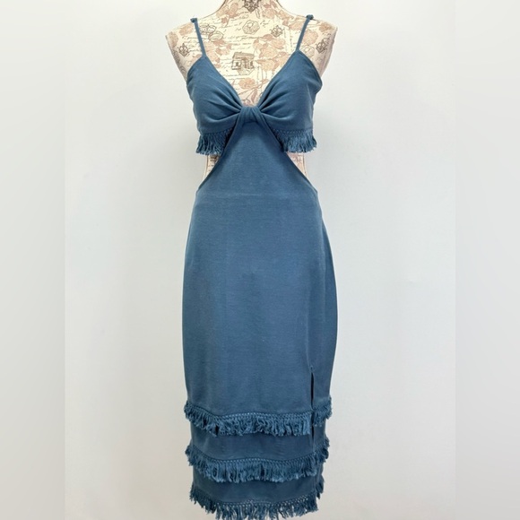 BONHEUR  D'AMOUR Blue spaghetti strap fringe open waist midi dress size L - Picture 6 of 14